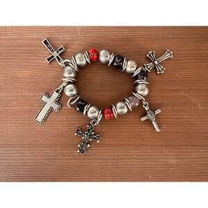 Christian Religious Silver Charm and Glass Beaded Bracelet with Crosses